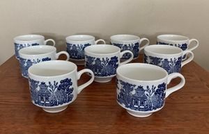 Set of 9 Vintage Churchill England Blue Willow Porcelain Stackable Tea Cups/Mug